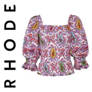 RHODE Purple long sleeve square neck smocked Alicia top size medium m